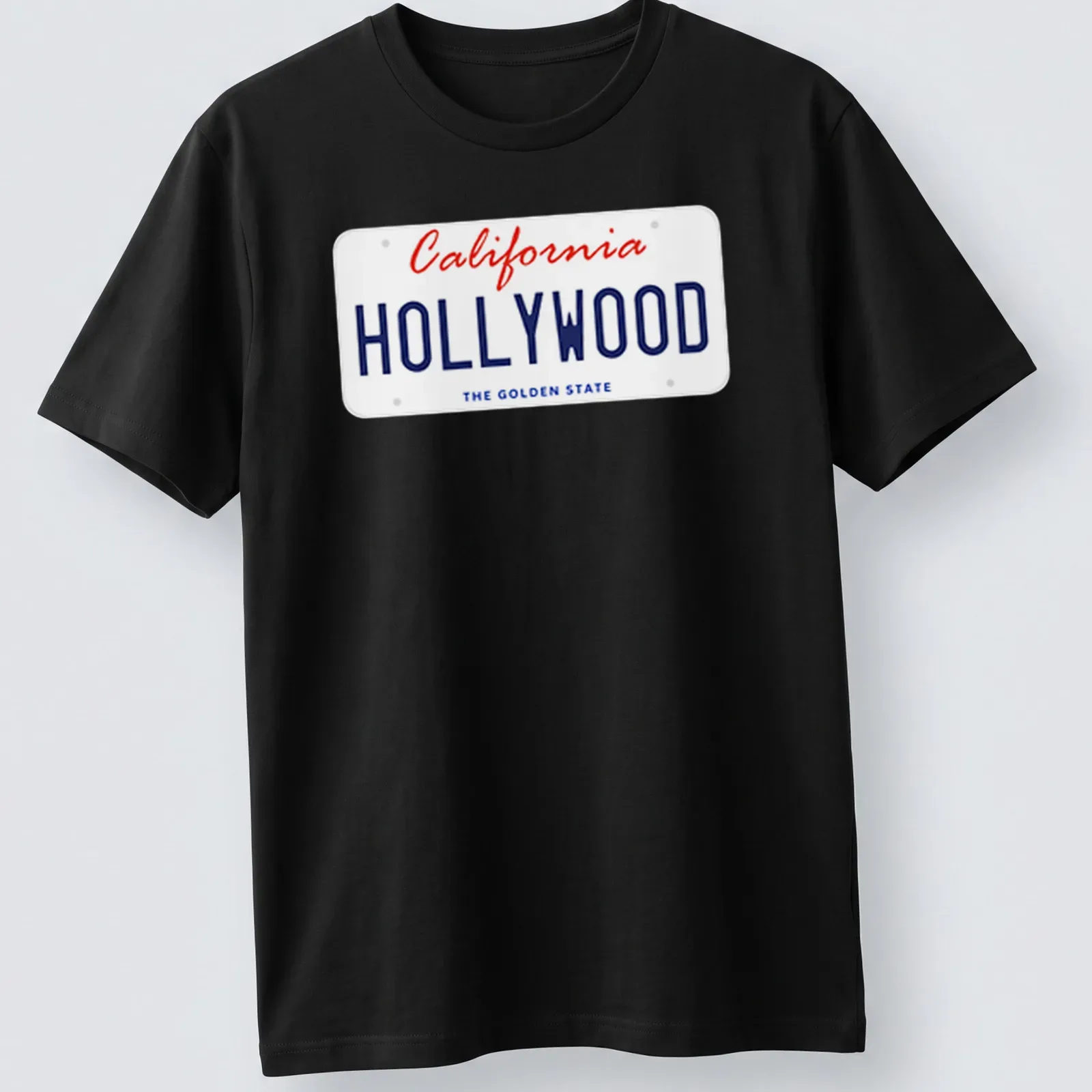 California license plate design with Hollywood and The Golden State in red and blue — printed on a unisex t-shirt