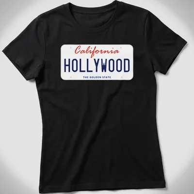 California license plate design with Hollywood and The Golden State in red and blue — printed on a women's shirt