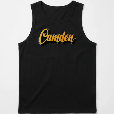 Bold yellow printed name 'Camden' on a black custom — printed on a tank top