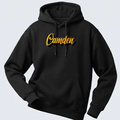 Bold yellow printed name 'Camden' on a black custom — printed on a unisex hoodie