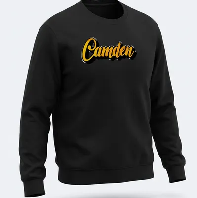 Bold yellow printed name 'Camden' on a black custom — printed on a unisex sweatshirt