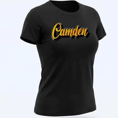Bold yellow printed name 'Camden' on a black custom — printed on a women's shirt