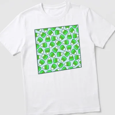 Cute candy corn pattern in green, light blue, and white on a t-shirt