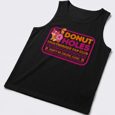 Colorful cartoon graphic of a cat with sunglasses and donut on a humorous — printed on a tank top