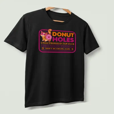 Colorful cartoon graphic of a cat with sunglasses and donut on a humorous — printed on a unisex t-shirt (angled view)