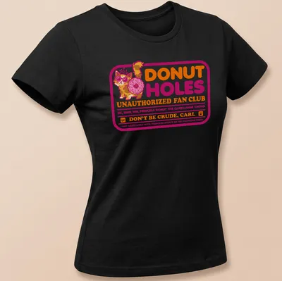 Colorful cartoon graphic of a cat with sunglasses and donut on a humorous — printed on a women's shirt