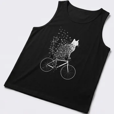 Whimsical line-art of a cat on a bicycle surrounded by butterflies in black and white — printed on a tank top