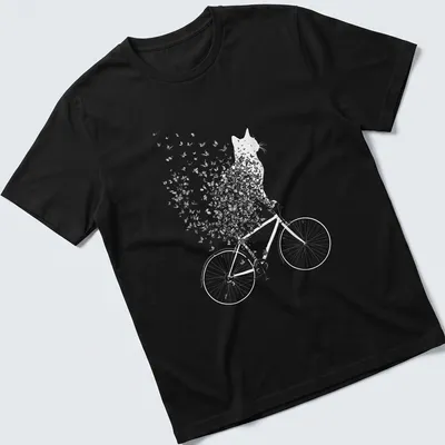 Whimsical line-art of a cat on a bicycle surrounded by butterflies in black and white — printed on a unisex t-shirt