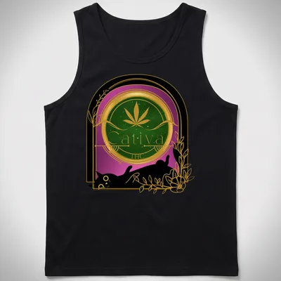 Vintage art nouveau print of a black cat with 'Cativa THC' text in green, gold, and purple. — printed on a tank top