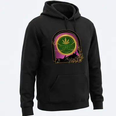 Vintage art nouveau print of a black cat with 'Cativa THC' text in green, gold, and purple. — printed on a unisex hoodie