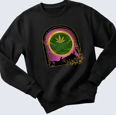 Vintage art nouveau print of a black cat with 'Cativa THC' text in green, gold, and purple. — printed on a unisex sweatshirt