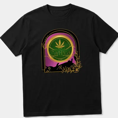 Vintage art nouveau print of a black cat with 'Cativa THC' text in green, gold, and purple. — printed on a unisex t-shirt