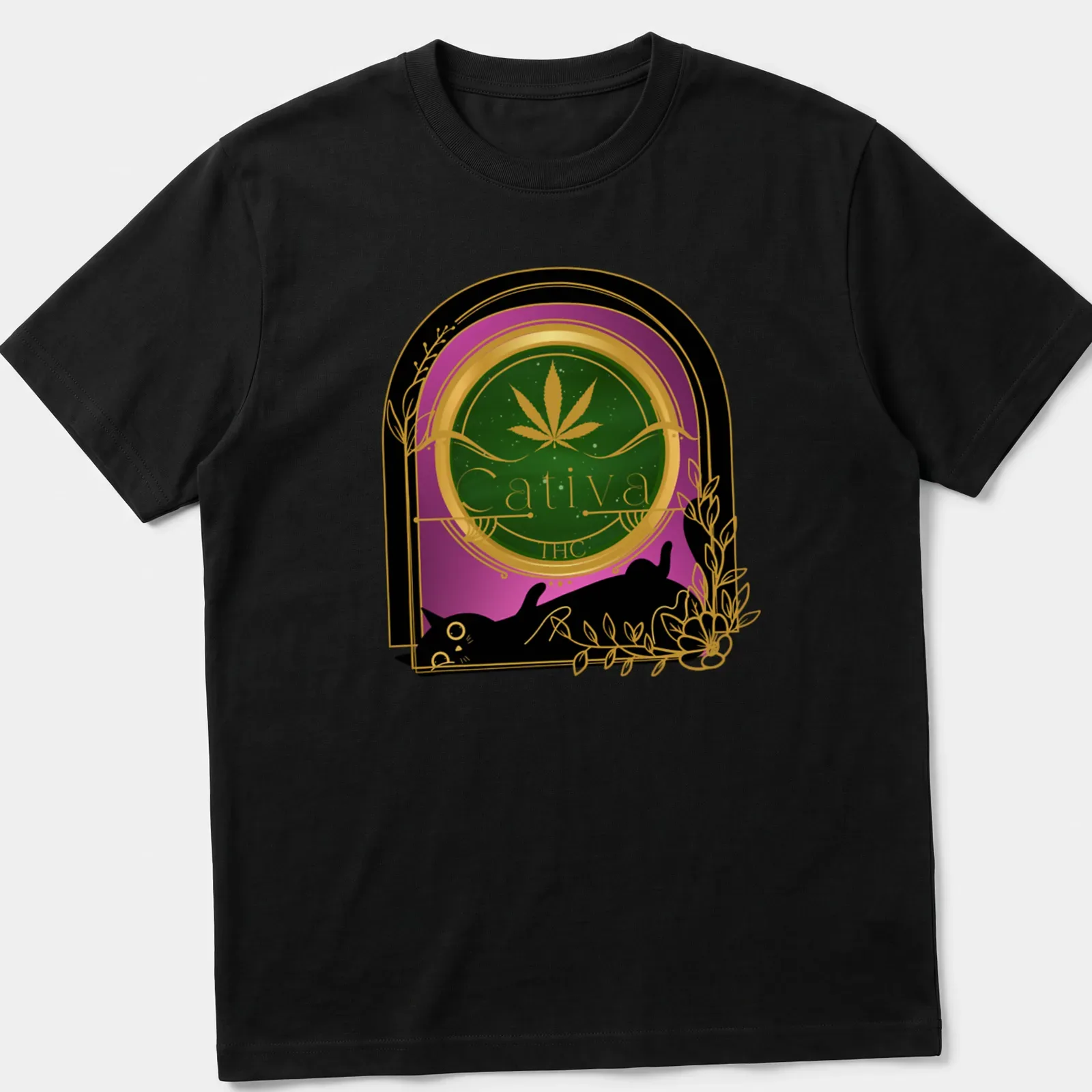 Vintage art nouveau print of a black cat with 'Cativa THC' text in green, gold, and purple. — printed on a unisex t-shirt