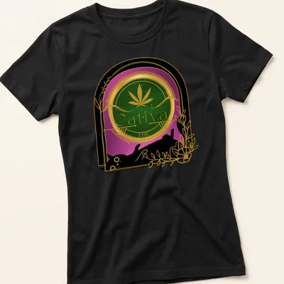 Vintage art nouveau print of a black cat with 'Cativa THC' text in green, gold, and purple. — printed on a women's shirt