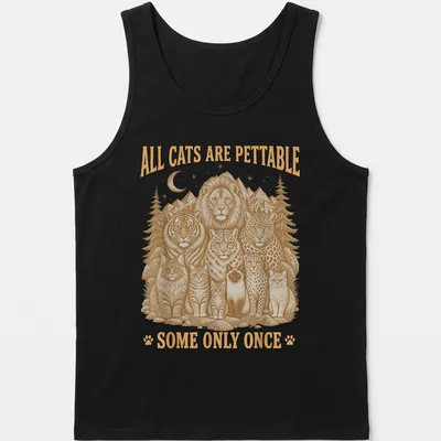 Vintage illustration of various cats with humorous text about petting them — printed on a tank top