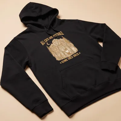 Vintage illustration of various cats with humorous text about petting them — printed on a unisex hoodie