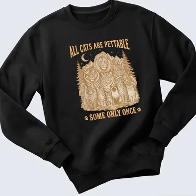 Vintage illustration of various cats with humorous text about petting them — printed on a unisex sweatshirt