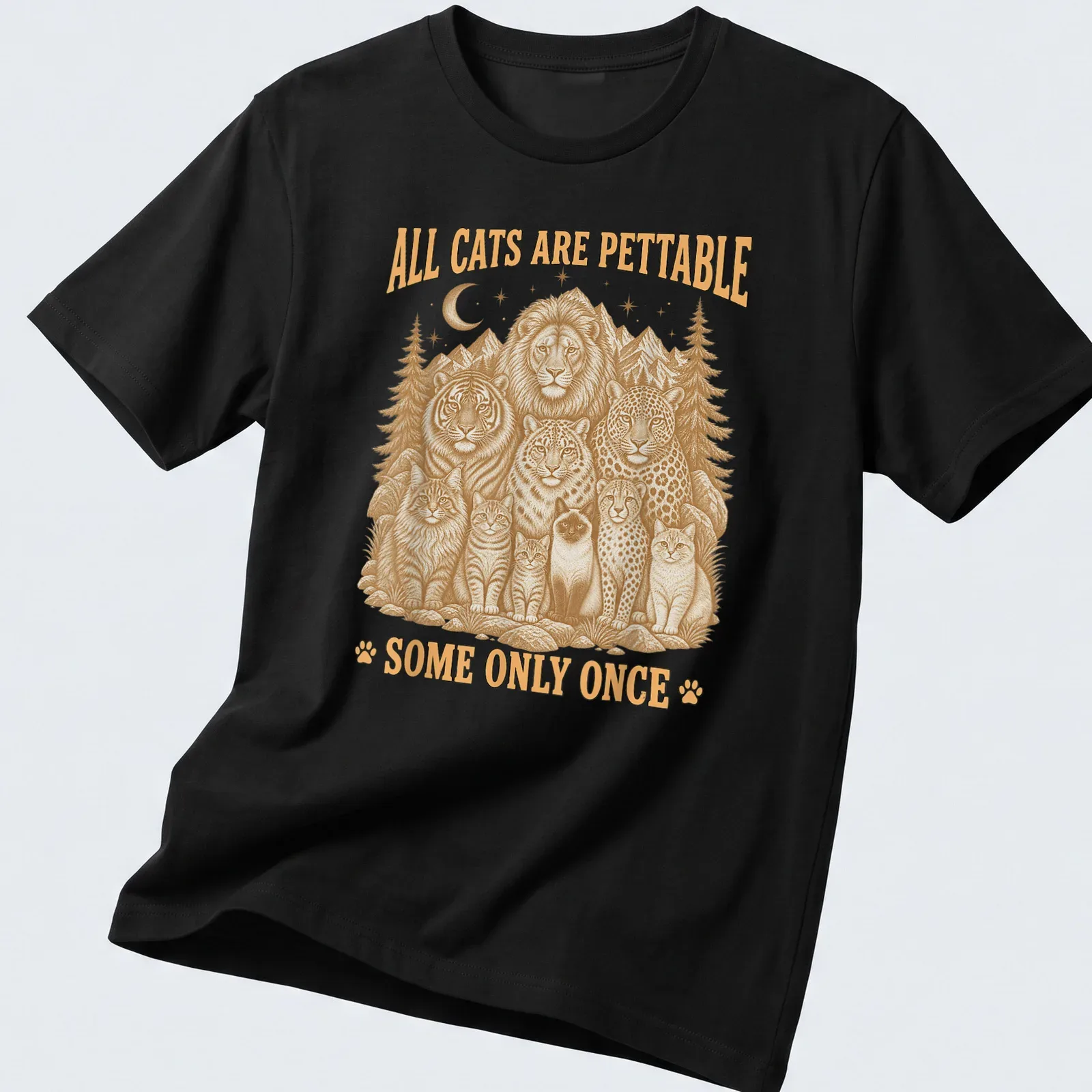 Vintage illustration of various cats with humorous text about petting them — printed on a unisex t-shirt