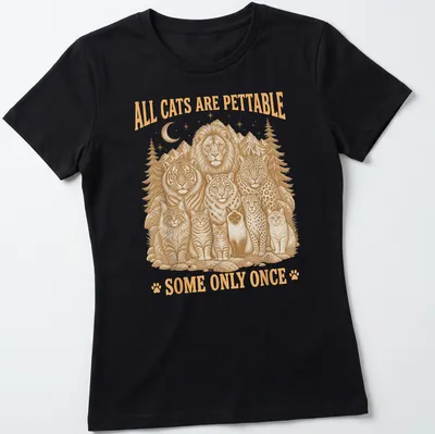 Vintage illustration of various cats with humorous text about petting them — printed on a women's shirt