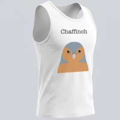 Minimalist illustration of a chaffinch in gray and orange against a white background — printed on a tank top