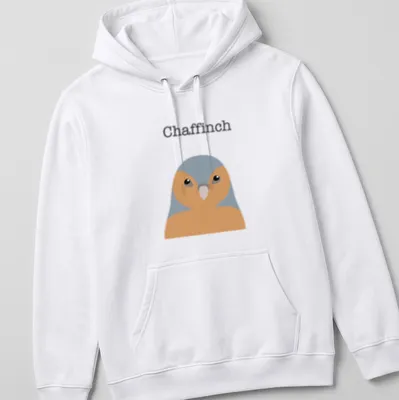 Minimalist illustration of a chaffinch in gray and orange against a white background — printed on a unisex hoodie