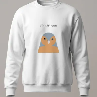 Minimalist illustration of a chaffinch in gray and orange against a white background — printed on a unisex sweatshirt