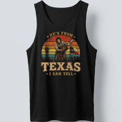 Vintage retro T-shirt featuring a chainsaw killer with bold text above — printed on a tank top