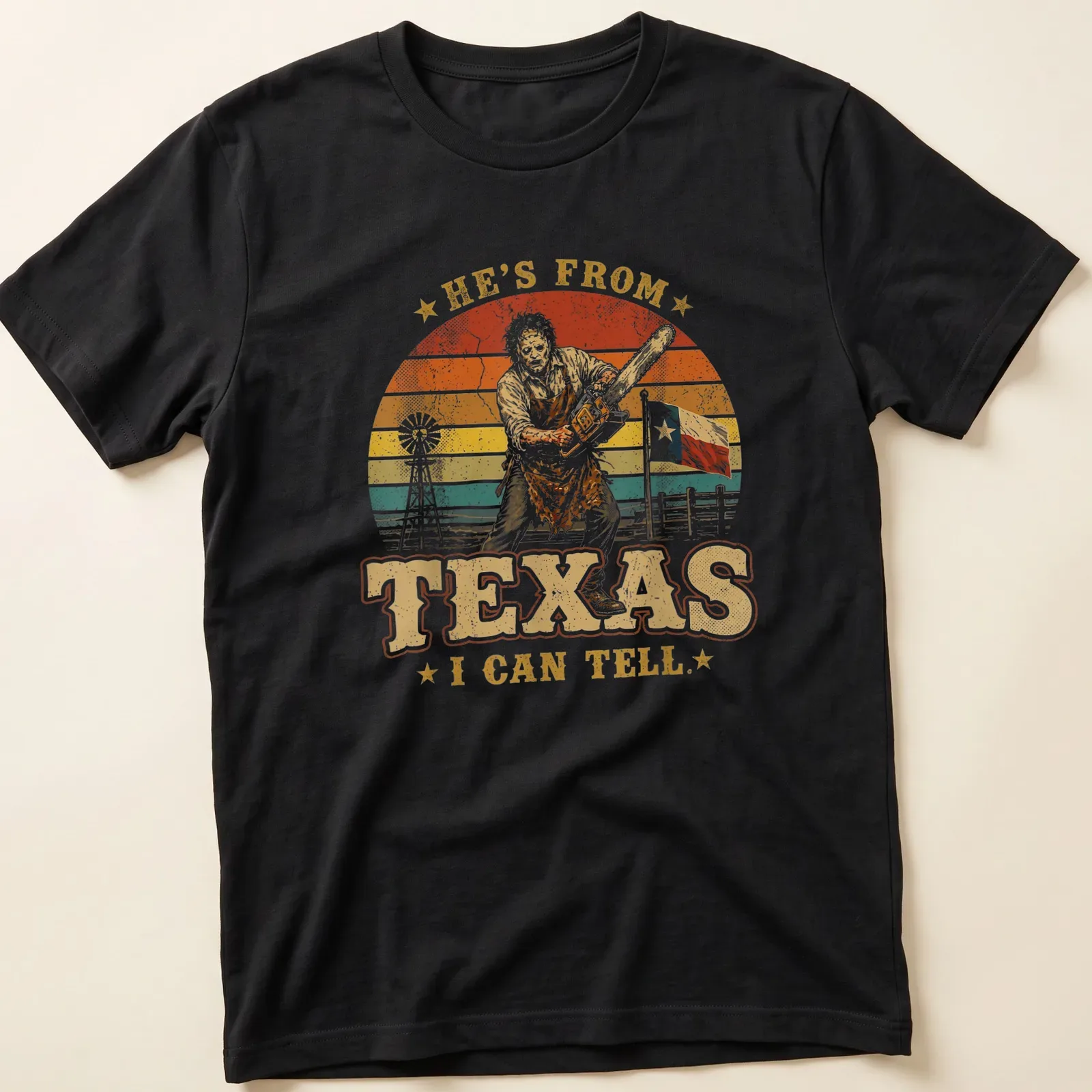 Vintage retro T-shirt featuring a chainsaw killer with bold text above — printed on a unisex t-shirt