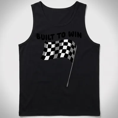 Black and white checkered flag graphic with Built To Win text in line-art style — printed on a tank top