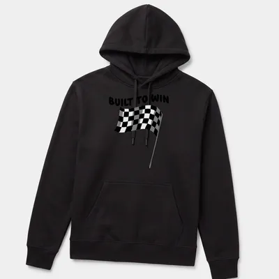 Black and white checkered flag graphic with Built To Win text in line-art style — printed on a unisex hoodie