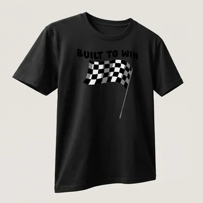Black and white checkered flag graphic with Built To Win text in line-art style — printed on a unisex t-shirt (angled view)