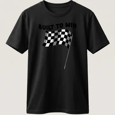 Black and white checkered flag graphic with Built To Win text in line-art style