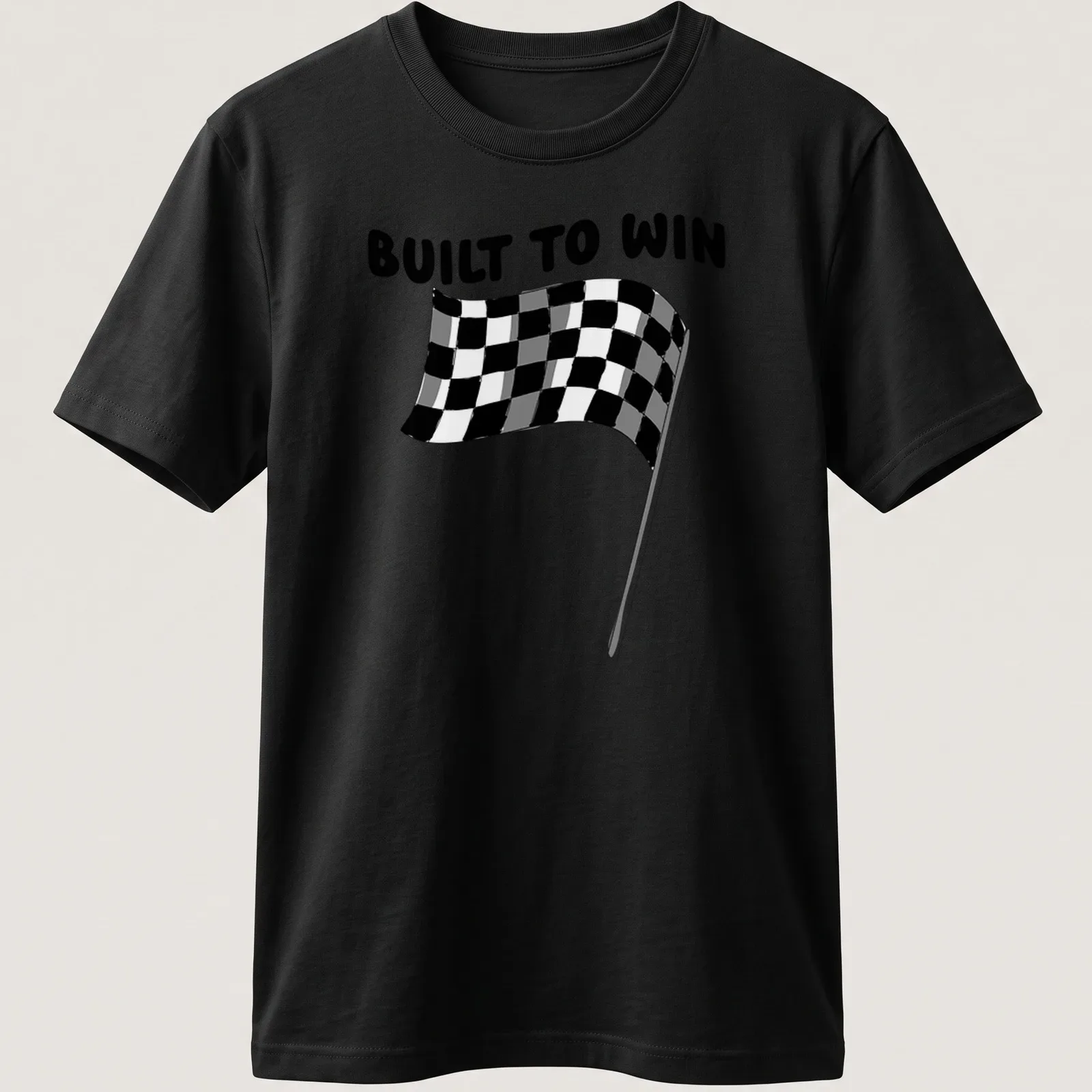 Black and white checkered flag graphic with Built To Win text in line-art style — printed on a unisex t-shirt