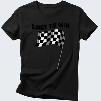 Black and white checkered flag graphic with Built To Win text in line-art style — printed on a women's shirt