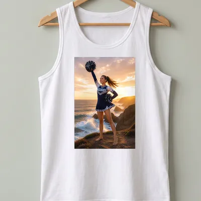 Realistic photograph of a cheerleader with 'WILDCATS' text on a sunlit coast — printed on a tank top