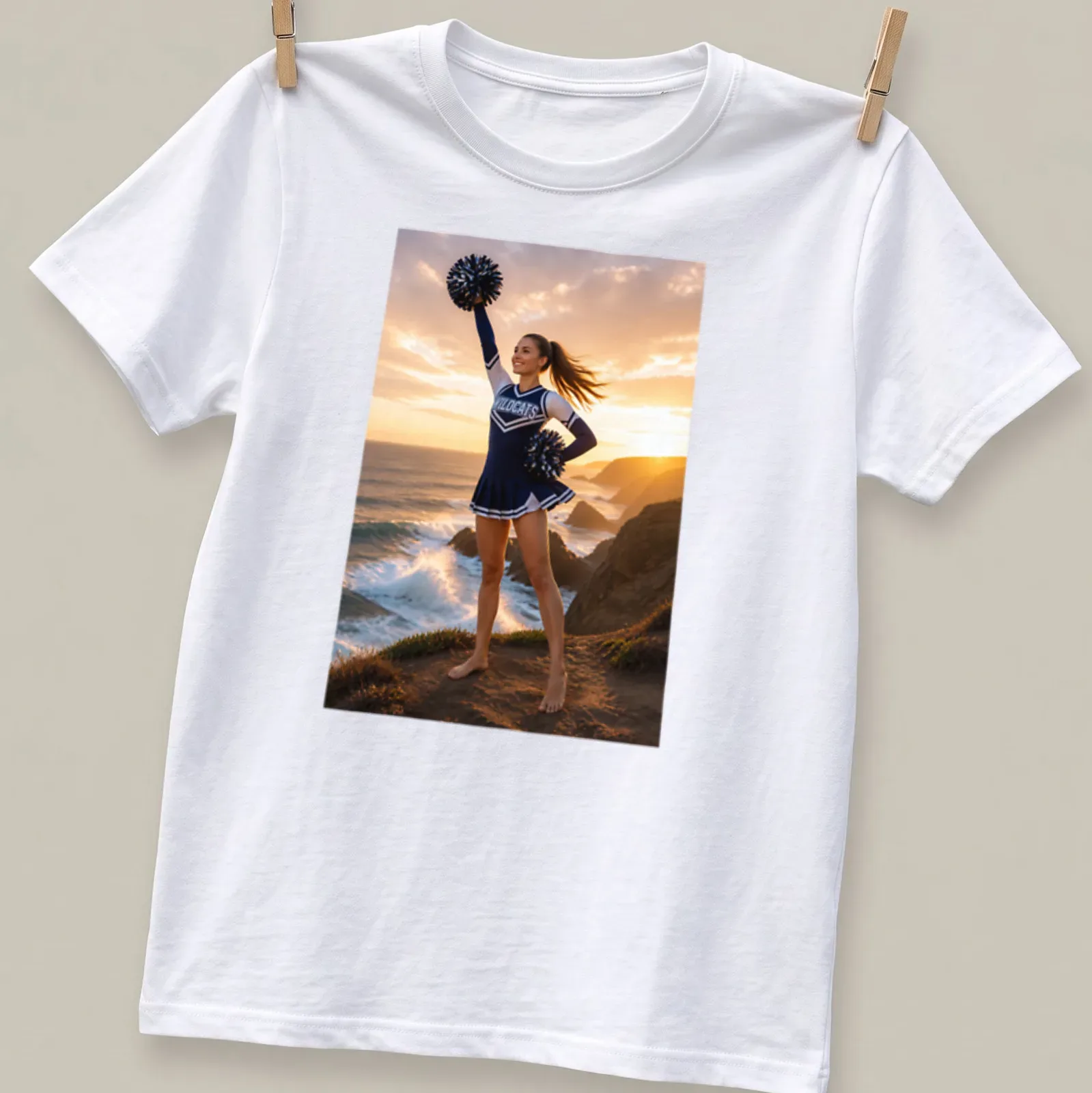 Realistic photograph of a cheerleader with 'WILDCATS' text on a sunlit coast — printed on a unisex t-shirt