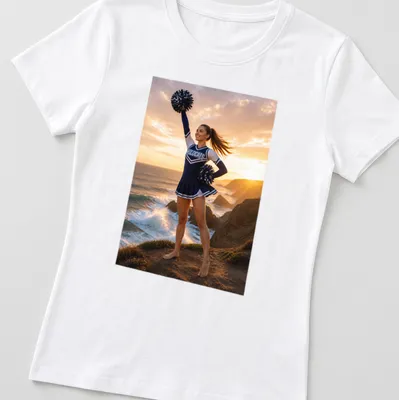 Realistic photograph of a cheerleader with 'WILDCATS' text on a sunlit coast — printed on a women's shirt