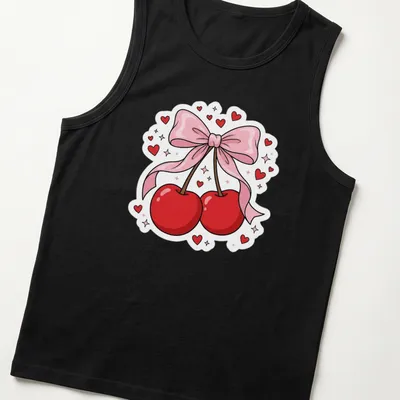 Kawaii cartoon T-shirt with cherries, pink ribbon, and heart accents — printed on a tank top