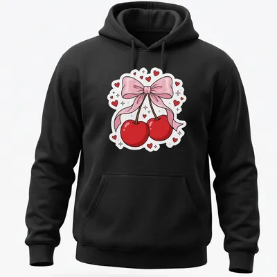 Kawaii cartoon T-shirt with cherries, pink ribbon, and heart accents — printed on a unisex hoodie