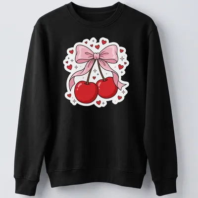 Kawaii cartoon T-shirt with cherries, pink ribbon, and heart accents — printed on a unisex sweatshirt