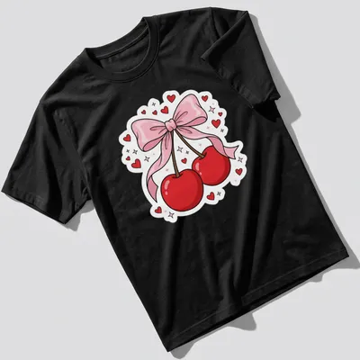 Kawaii cartoon T-shirt with cherries, pink ribbon, and heart accents