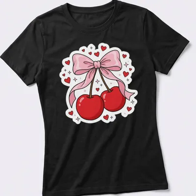 Kawaii cartoon T-shirt with cherries, pink ribbon, and heart accents — printed on a women's shirt