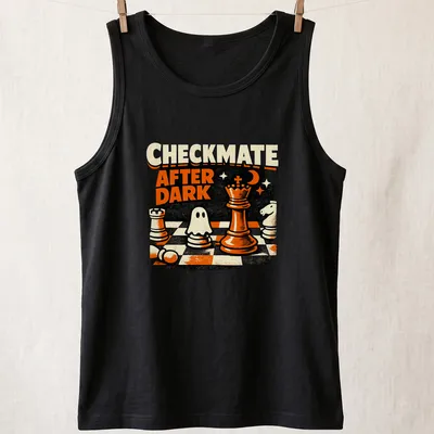 Vintage distressed Halloween shirt featuring chess pieces and a ghost with Checkmate After Dark text — printed on a tank top