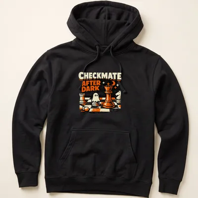 Vintage distressed Halloween shirt featuring chess pieces and a ghost with Checkmate After Dark text — printed on a unisex hoodie