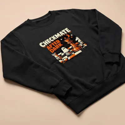 Vintage distressed Halloween shirt featuring chess pieces and a ghost with Checkmate After Dark text — printed on a unisex sweatshirt