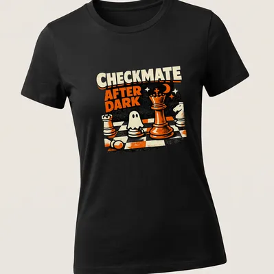 Vintage distressed Halloween shirt featuring chess pieces and a ghost with Checkmate After Dark text — printed on a women's shirt