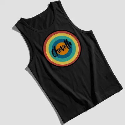 Retro circular Chevelle t-shirt in multi-colored print — printed on a tank top