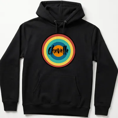 Retro circular Chevelle t-shirt in multi-colored print — printed on a unisex hoodie