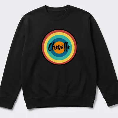 Retro circular Chevelle t-shirt in multi-colored print — printed on a unisex sweatshirt