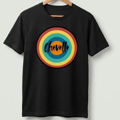 Retro circular Chevelle t-shirt in multi-colored print — printed on a unisex t-shirt